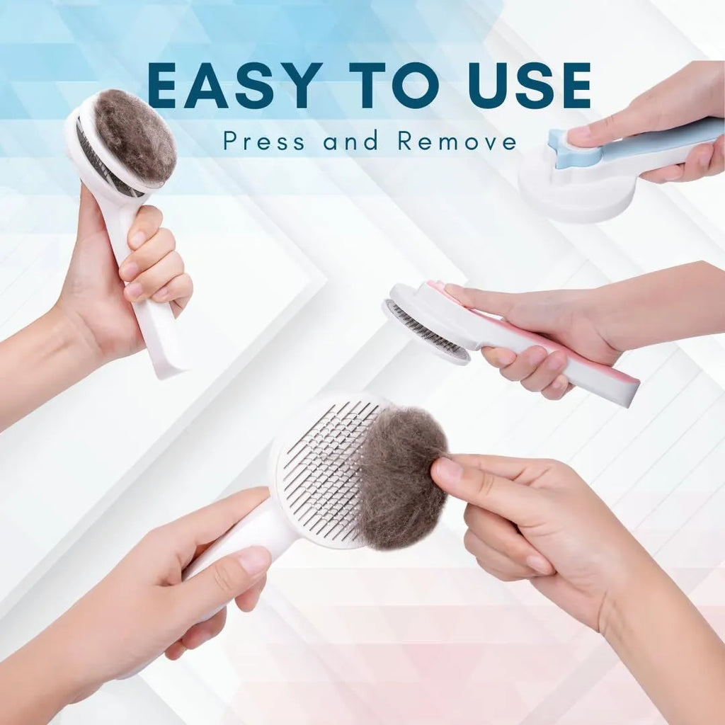 Blue self-cleaning slicker brush for dog and cat grooming with stainless steel pins