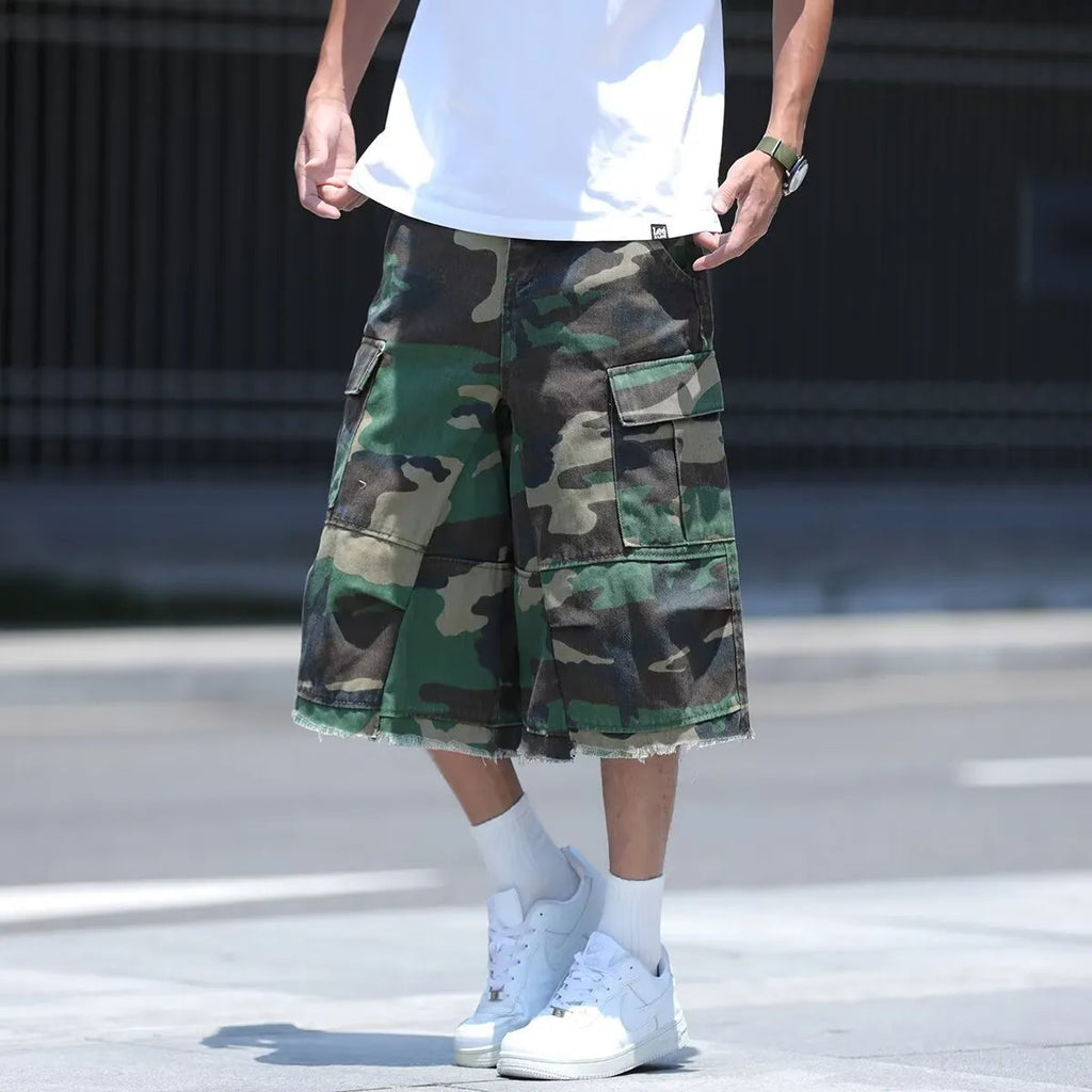 American retro camouflage work shorts in loose cropped fit on mannequin