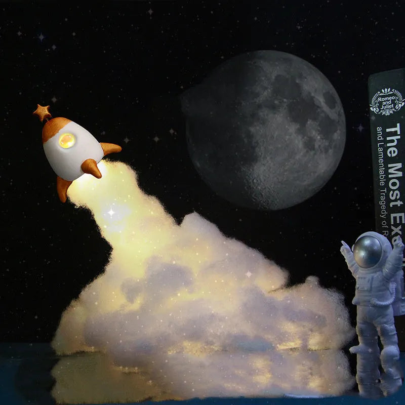 DIY astronaut rocket LED night light kit with string lights and modern minimalist design