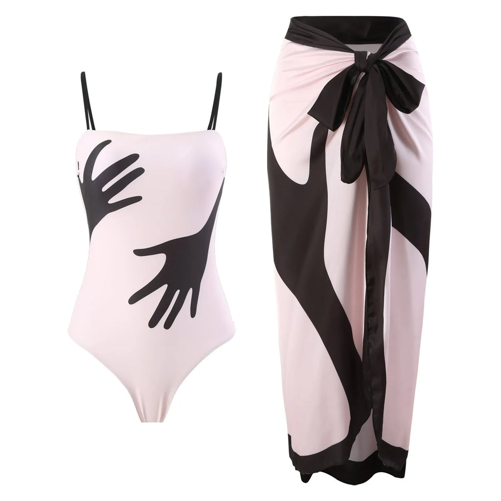 Women's patterned bikini swimsuit with attached light tulle skirt