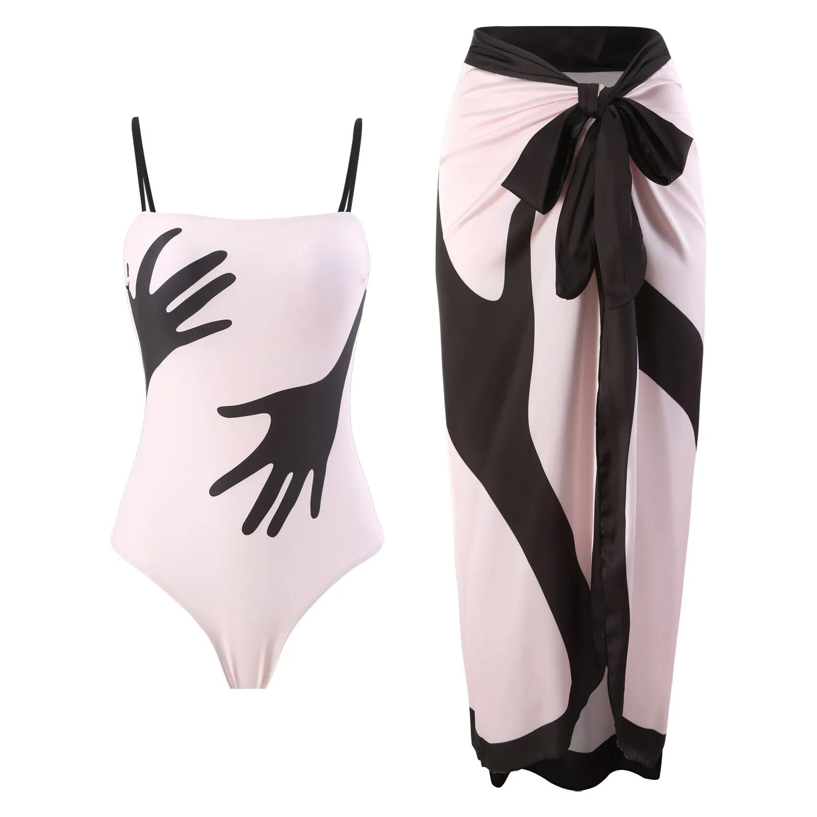 Women's patterned bikini swimsuit with attached light tulle skirt