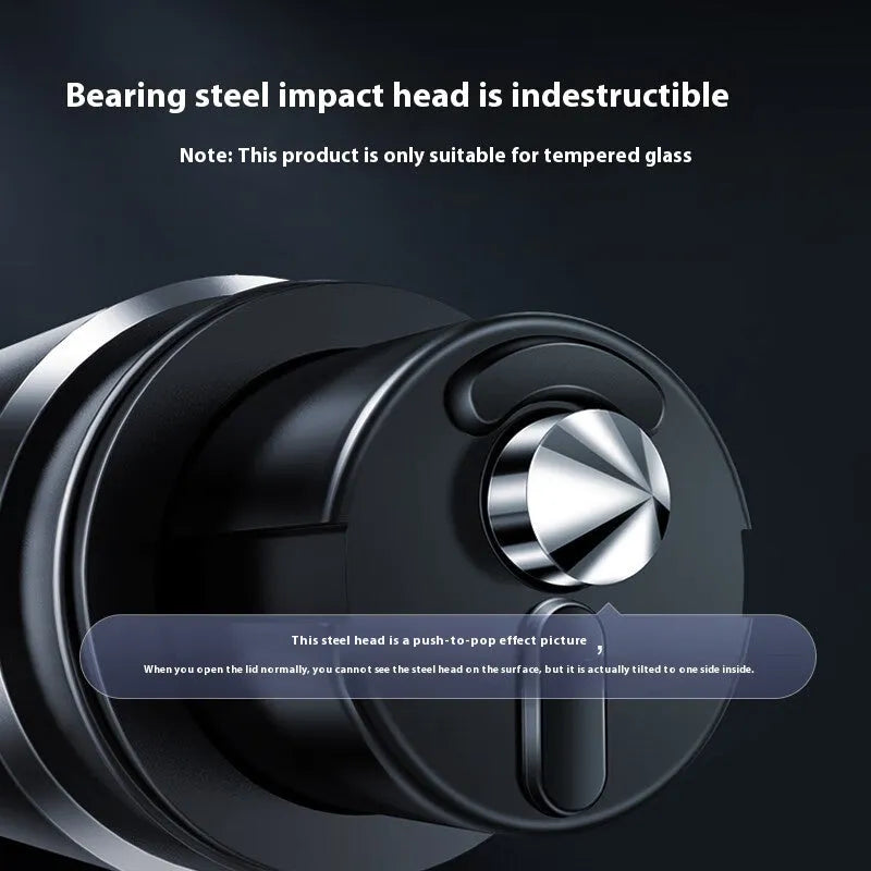 Gun grey aluminium alloy automobile safety hammer with seatbelt cutter, shown with test glass and 3M rubber base.