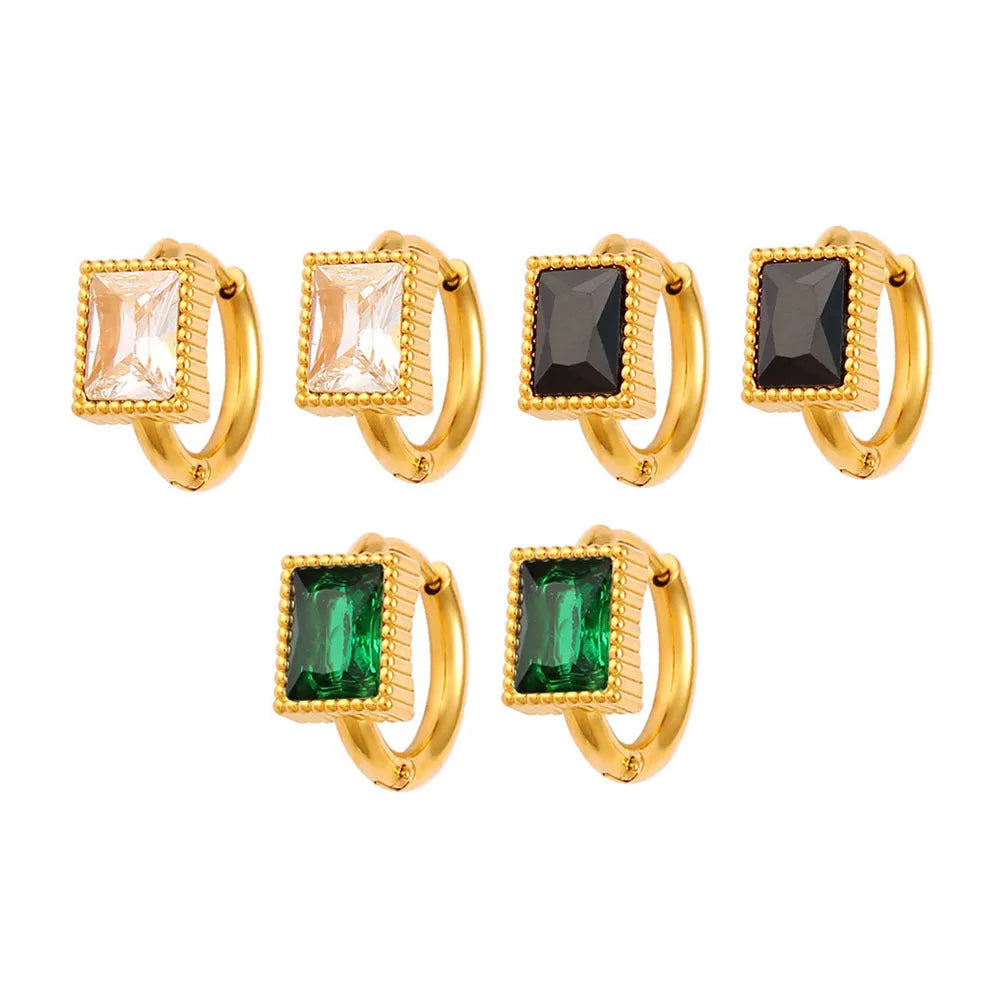 Square zircon stainless steel earrings with geometric design in white, black or green colours