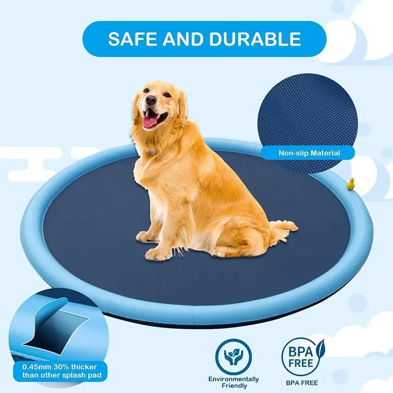 A large blue dog splash pad with a textured bottom, filled with shallow water.