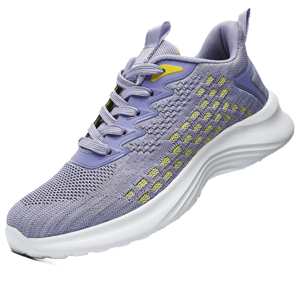 Women's lavender purple Flyknit mesh running shoes with round toe and flat wedge heel on a white background.