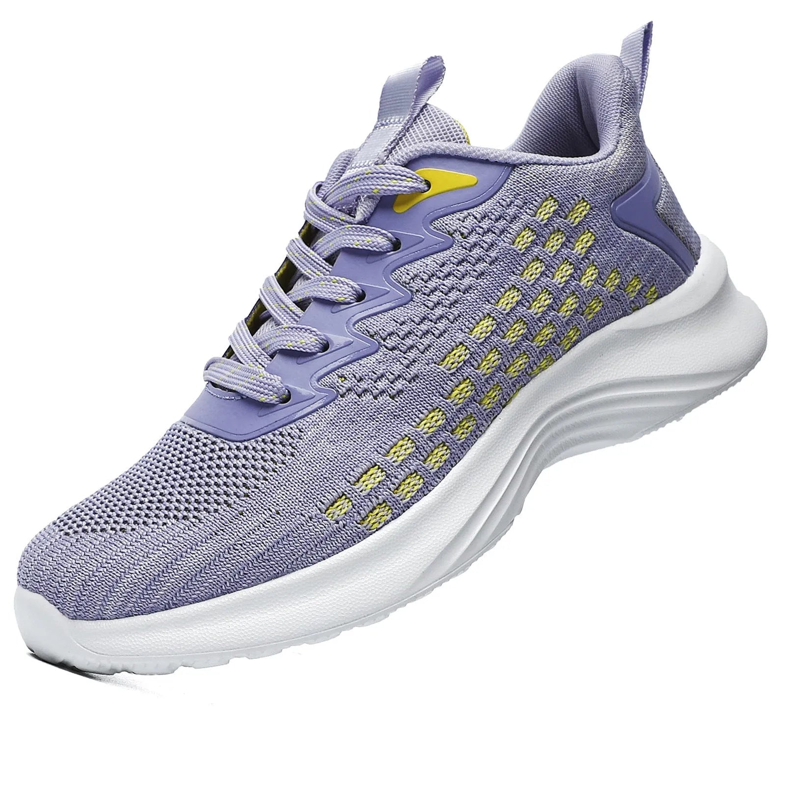 Women's lavender purple Flyknit mesh running shoes with round toe and flat wedge heel on a white background.