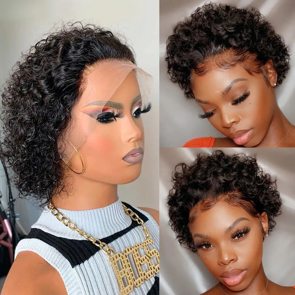 Black human hair wig with lace cover in 13x1 colour, natural pixie cut style