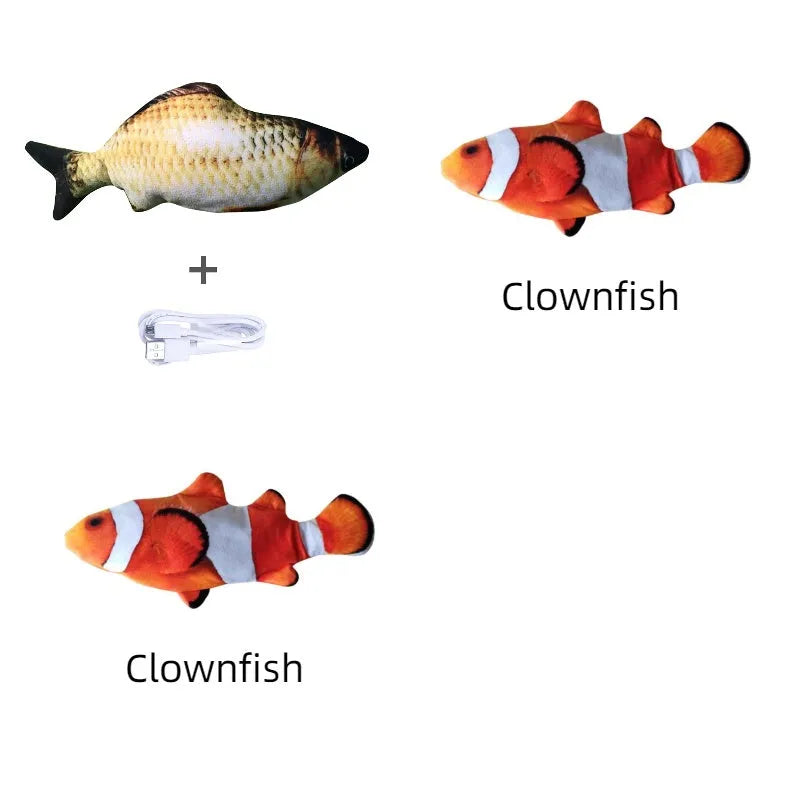 Multicolour electronic fish cat toy measuring 30cm with USB charging cable
