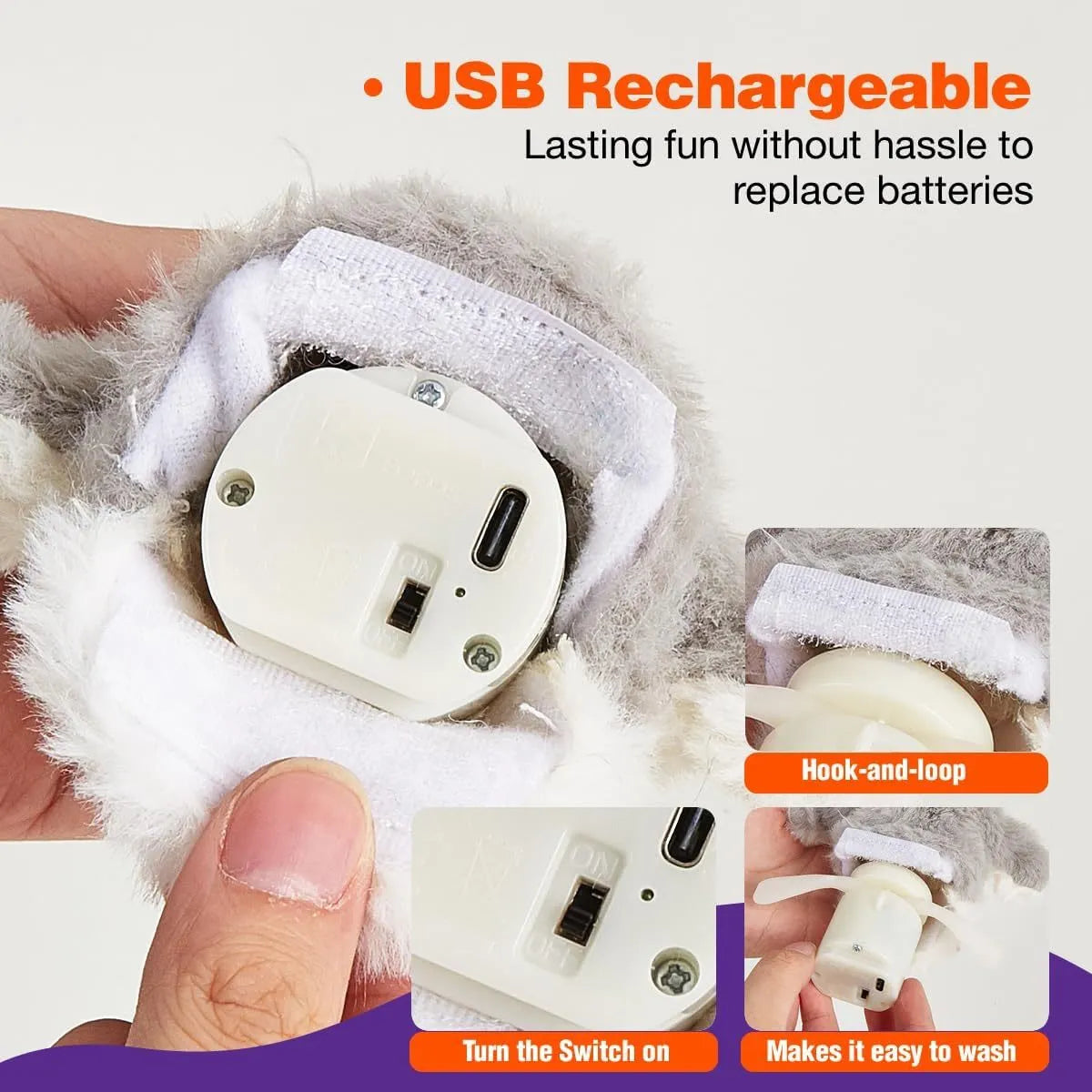 Grey automatic owl cat toy with flapping wings and USB charging cable