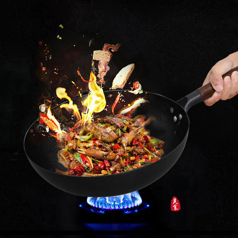Traditional black iron wok with wooden handle, 32cm diameter