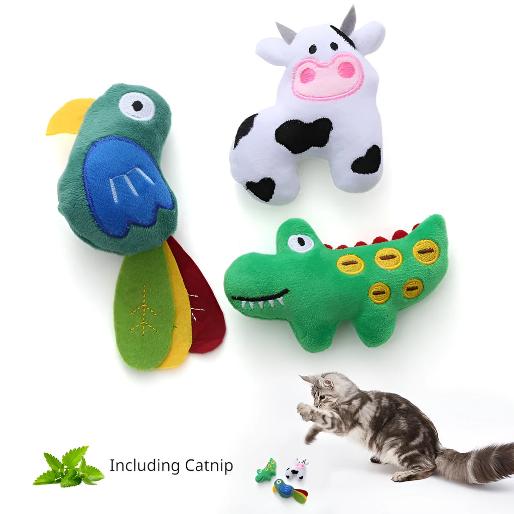 Plush cat toy shaped like a cow, a parrot, or a crocodile with catnip for bite-resistant interactive play.