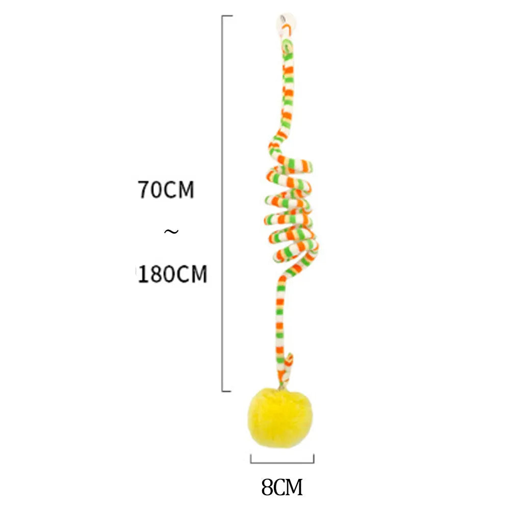 Hanging cat toy set with suction cup, colourful inflatable ball, and bell stick for kitten play.