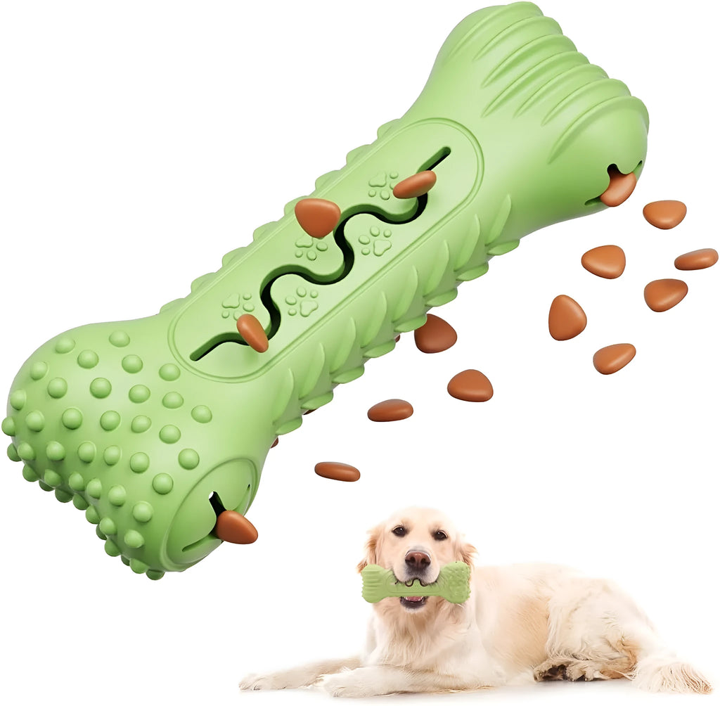 Blue natural rubber bone-shaped dog chew toy with textured surface and puzzle holes.