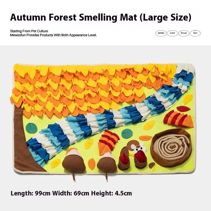 Themed fabric dog sniffing mat for interactive enrichment and food hiding