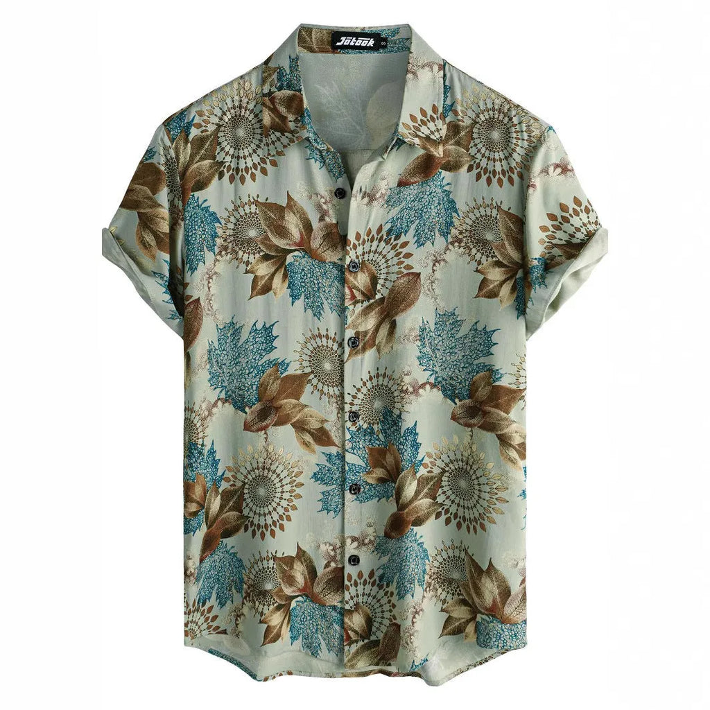 Man's short sleeve Hawaiian floral print shirt with a cardigan lapel, shown in one of 17 available colours.