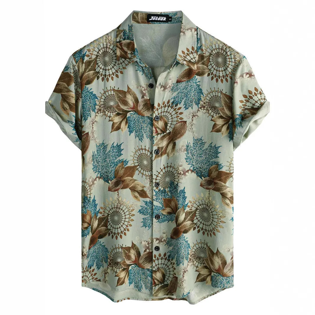 Man's short sleeve Hawaiian floral print shirt with a cardigan lapel, shown in one of 17 available colours.