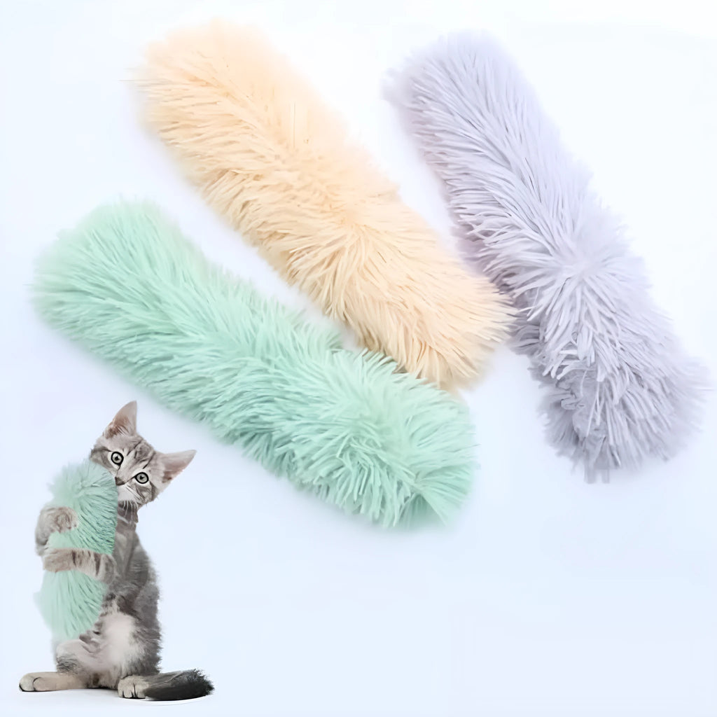Soft plush interactive cat toy with catnip and crinkle sound feature in assorted colours.