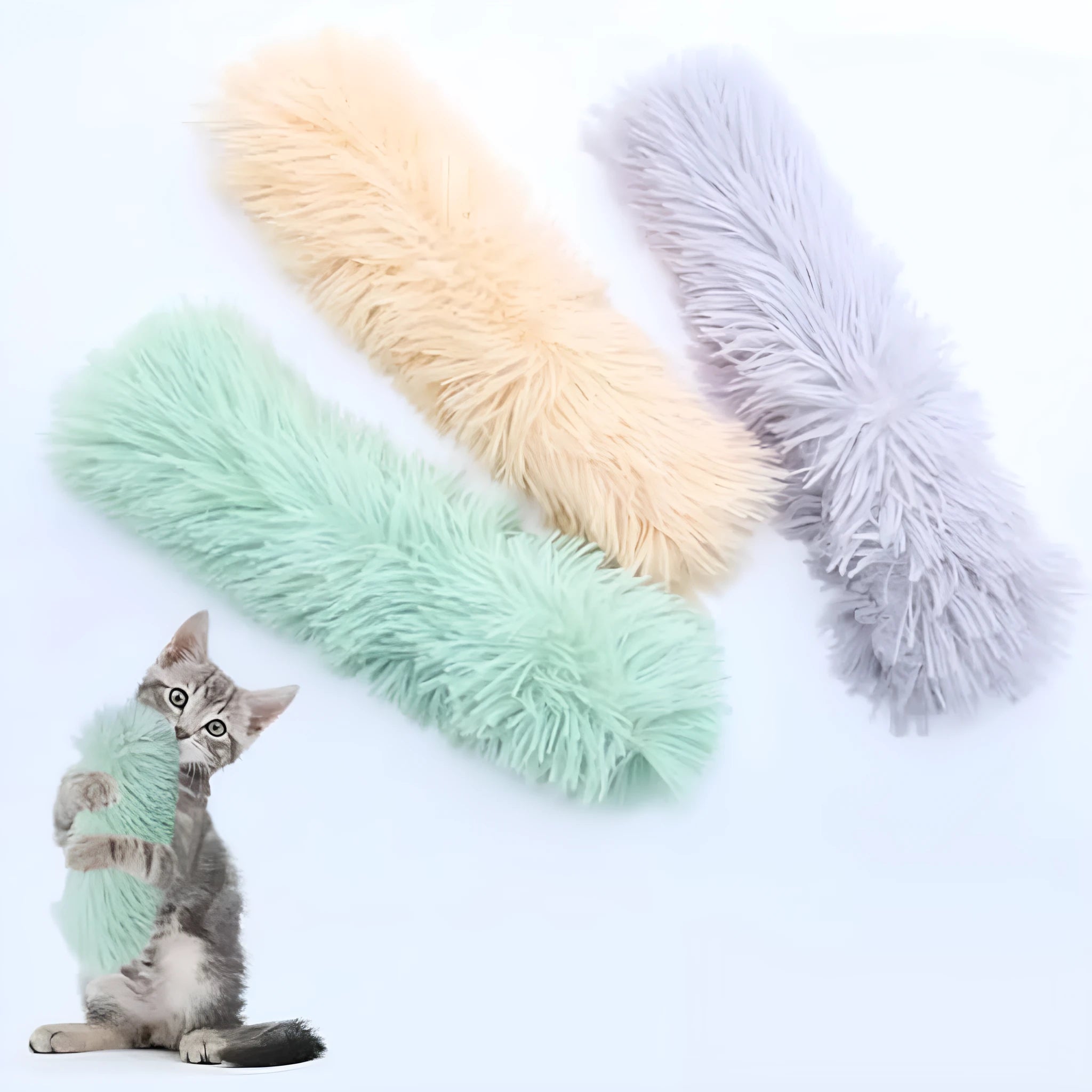 Soft plush interactive cat toy with catnip and crinkle sound feature in assorted colours.