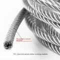 Coiled 304 stainless steel multi-strand security wire rope on a white background.