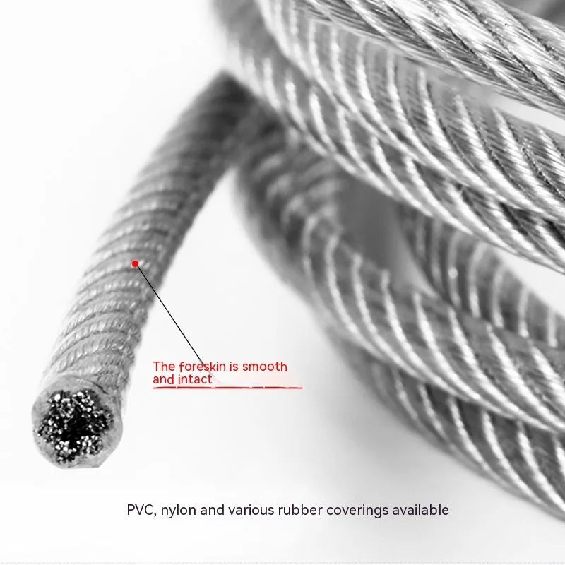 Coiled 304 stainless steel multi-strand security wire rope on a white background.