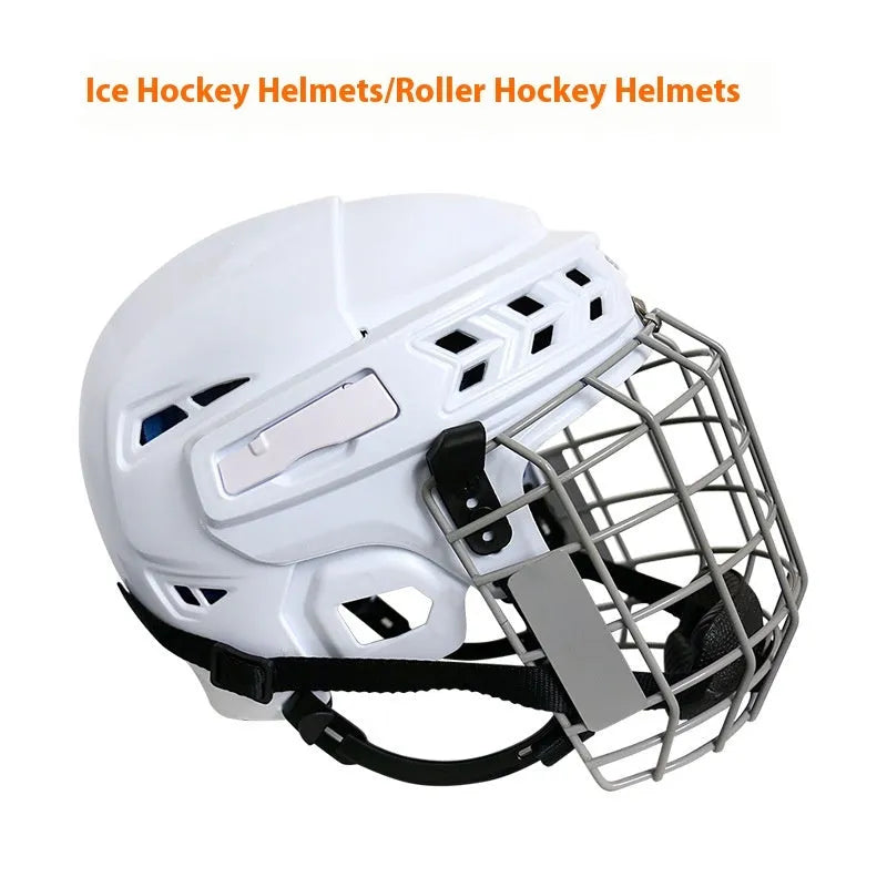 Ice hockey helmet with a carbon steel face mask on a solid colour background.