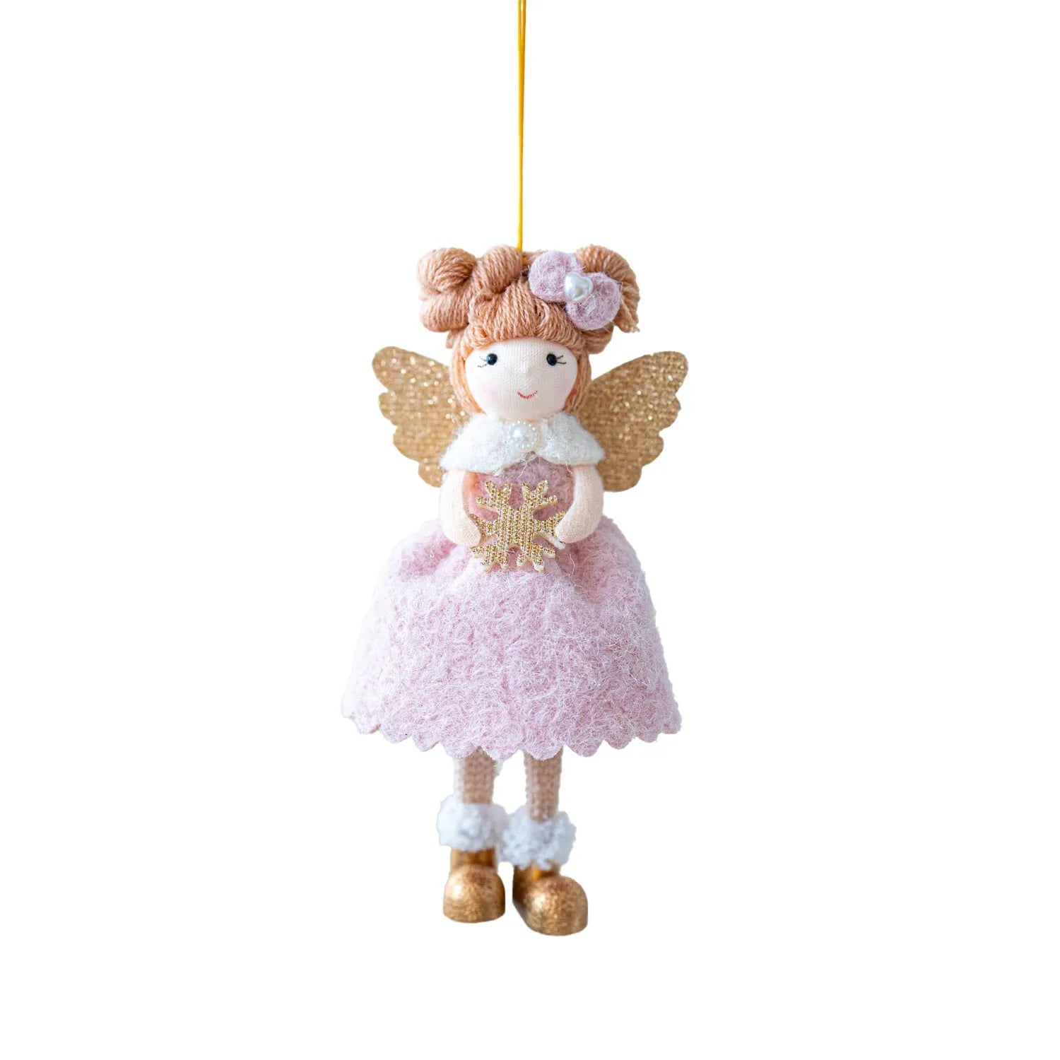 Pink and white cloth Christmas angel wings plush pendant with modern design and hanging cord