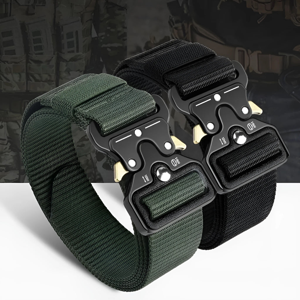 Men's tactical canvas belt with alloy buckle in multiple colour options showing 120cm length