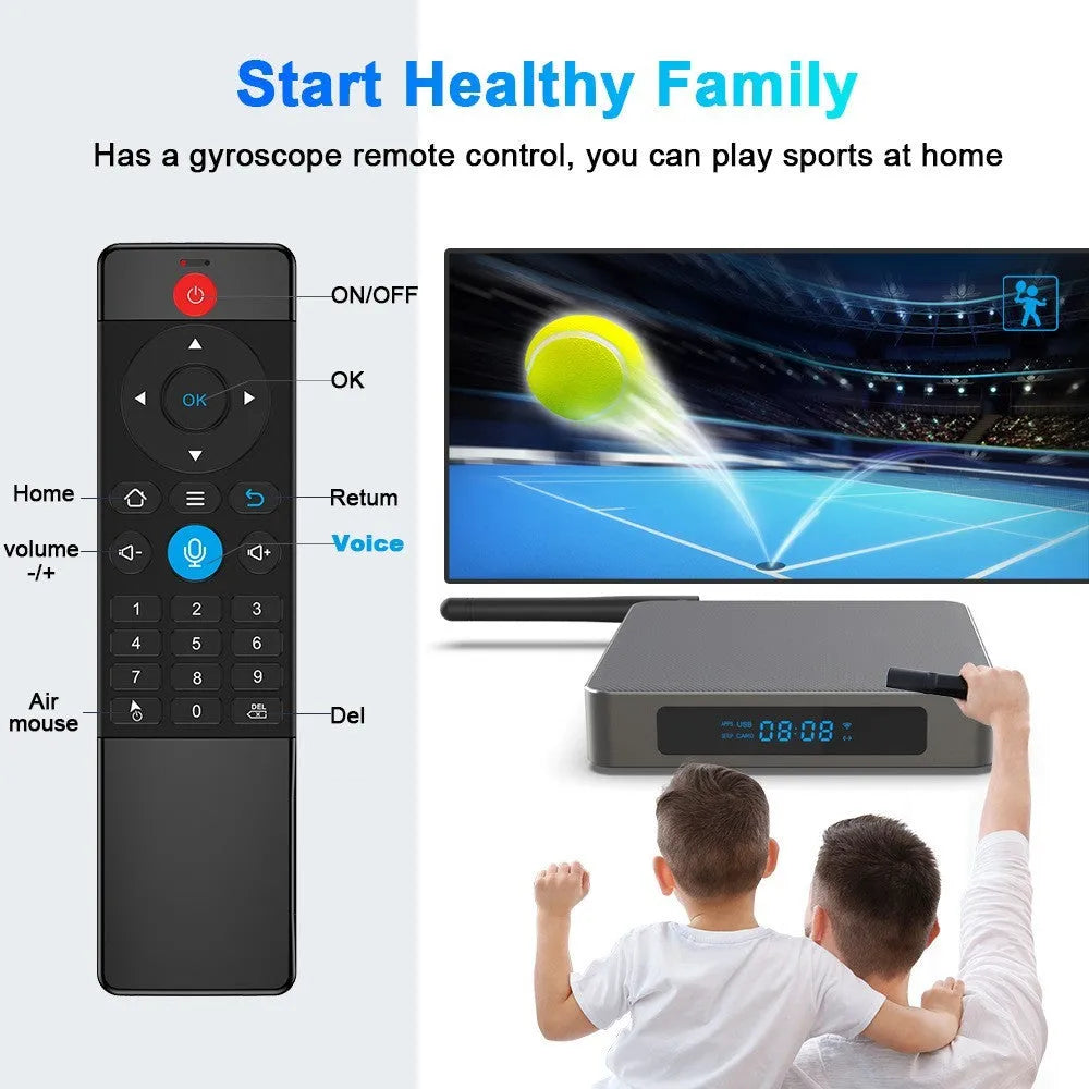 Android 8K streaming media player set-top box with remote control and cables