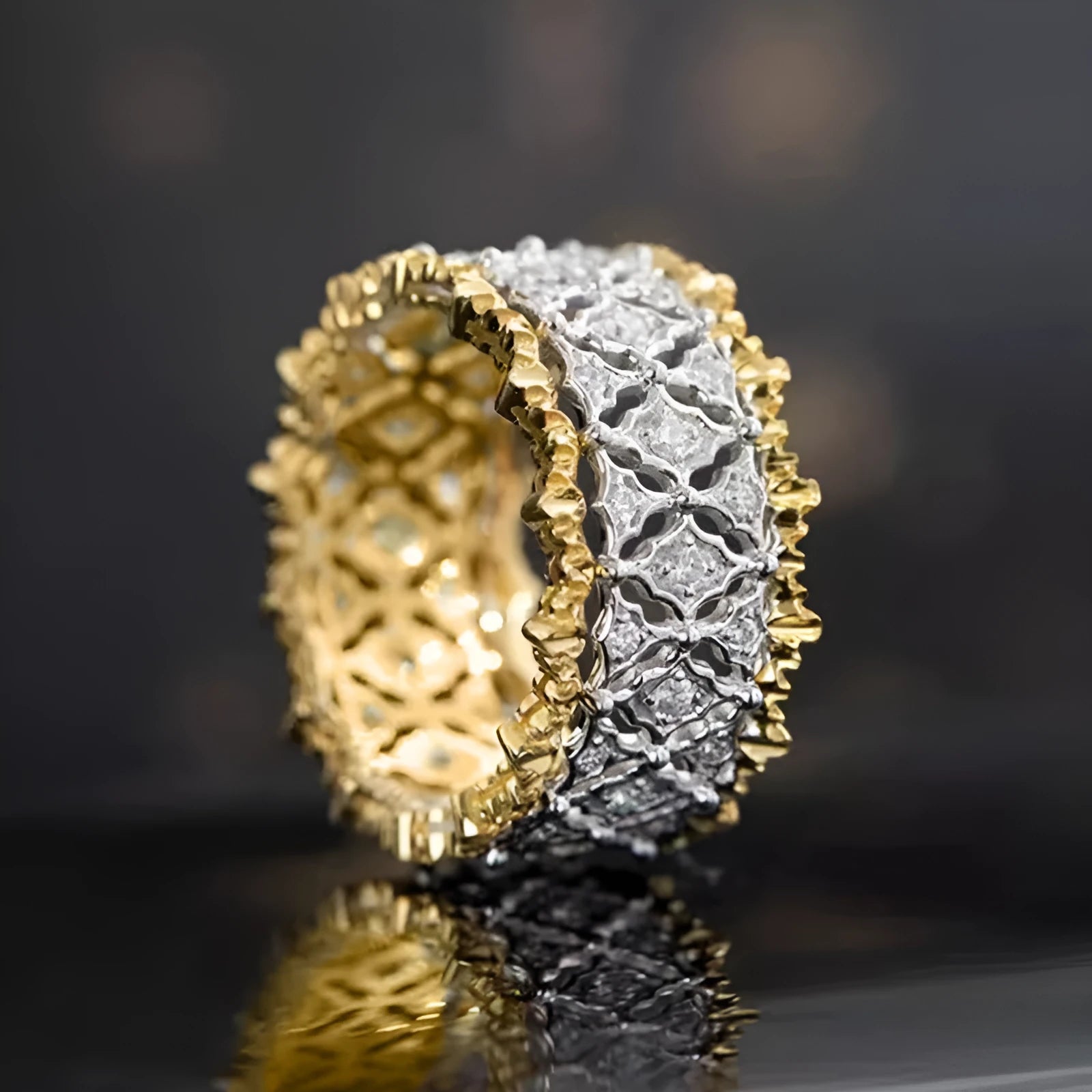 Gold geometric women's copper ring with two-tone electroplated finish and round decorative elements.