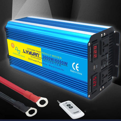 Blue 3000W pure sine wave car power inverter with digital display and UK socket.