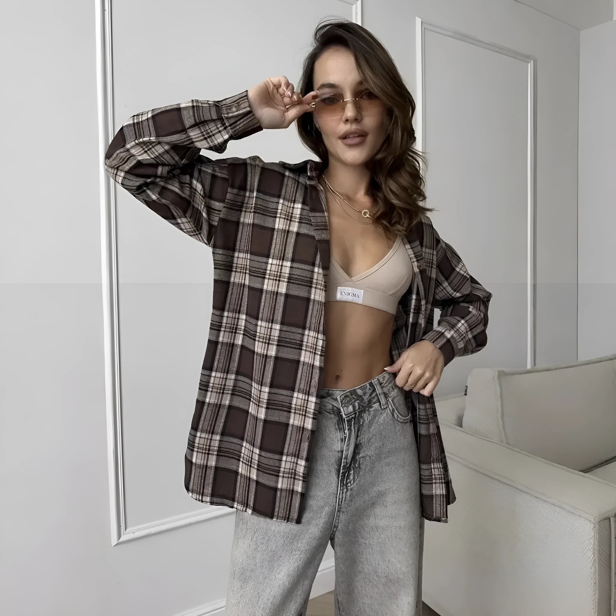 Dark brown retro striped women's shirt with long sleeves and Trueran cotton fabric