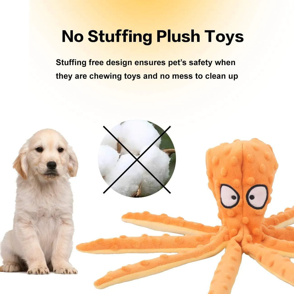 Blue octopus-shaped dog chew toy with crinkle sounds, unfilled construction, bite-resistant mesh material