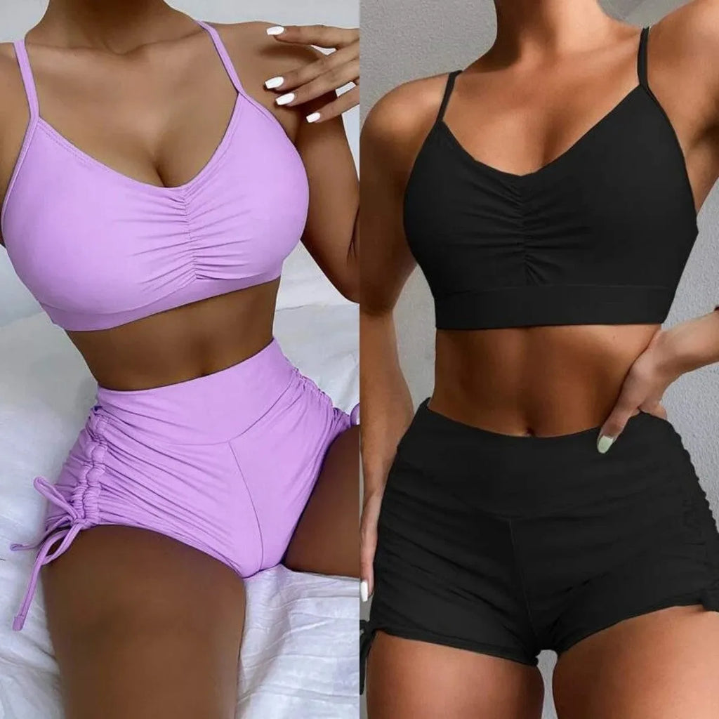 Women's purple high-waist split swimsuit bikini set with sleeveless top and matching briefs
