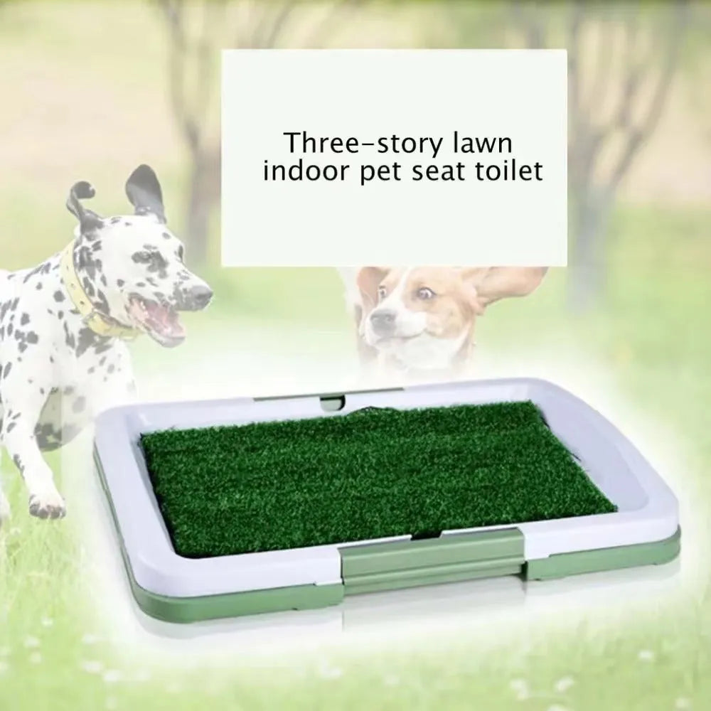 Green artificial grass dog toilet tray with three layers for indoor puppy potty training.
