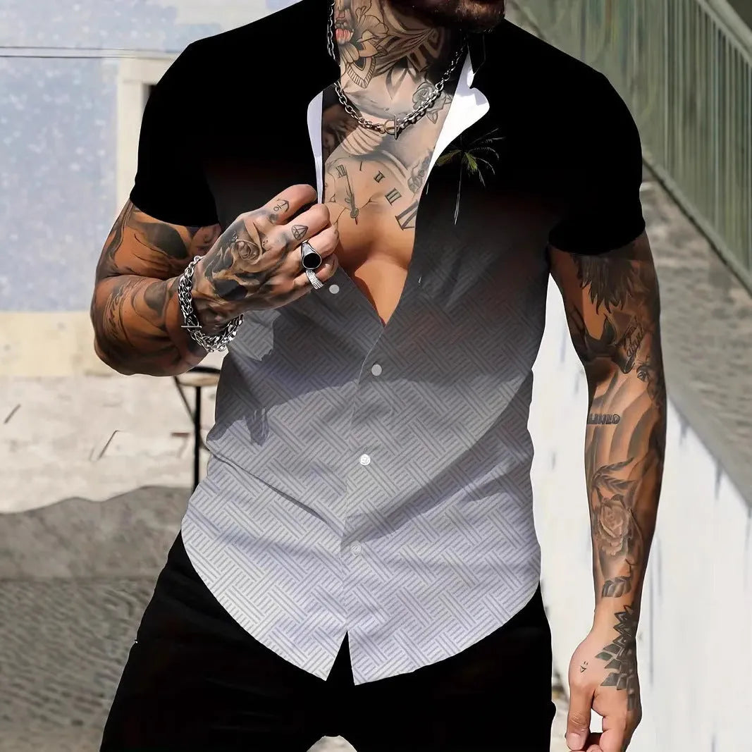 Men's slim fit geometric print short sleeve shirt with lapel collar in a light colour.