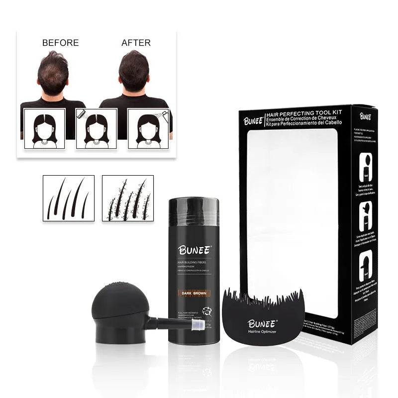 Boxed dense hair fibre powder set for thinning hair coverage in multiple colour options