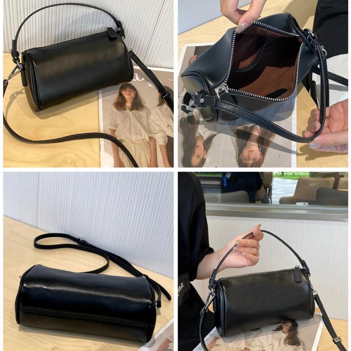 Cylindrical leather crossbody phone bag in vegetable tanned genuine leather with sewing thread detailing