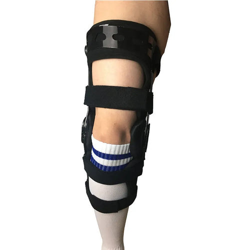 Black anterior ligament knee pad with visible straps and metal splints on a white background.