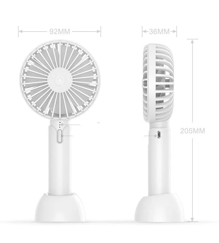 Blue handheld mini silent desktop USB electric fan with oscillating head on a desk