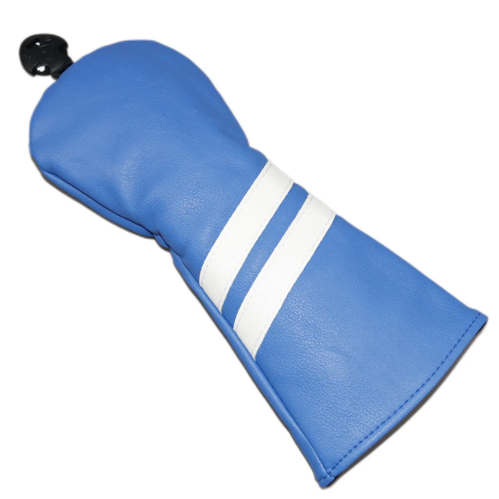 Striped golf club head cover in multiple colours showing three size options for wood rod protection