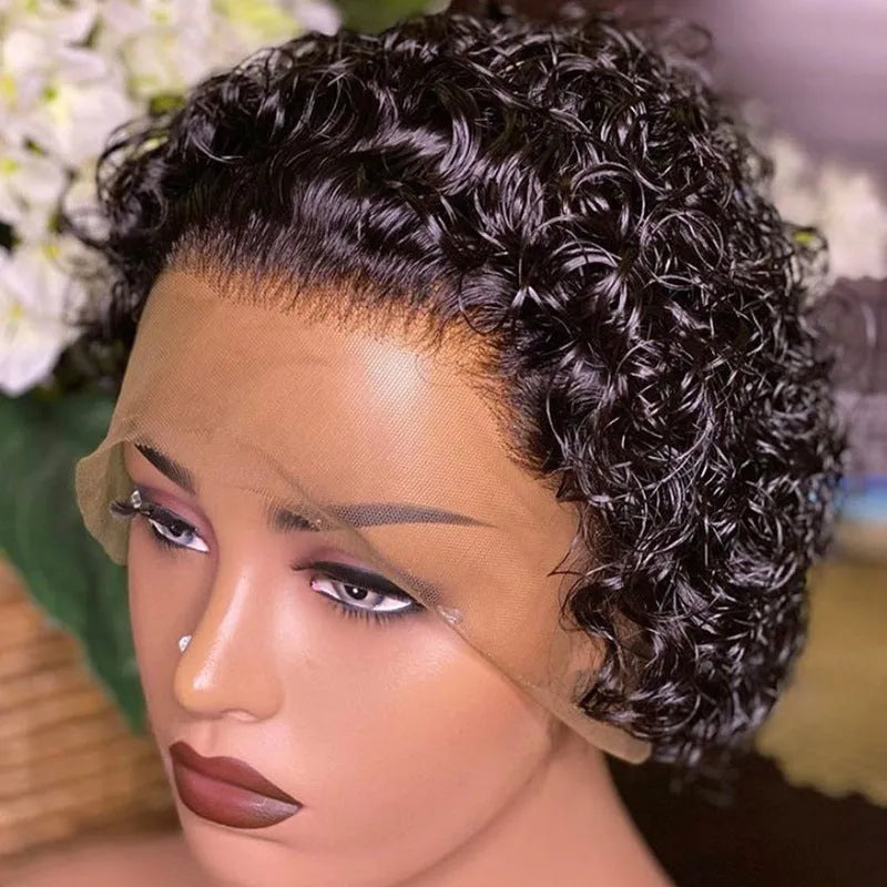 Black human hair wig with lace cover in 13x1 colour, natural pixie cut style
