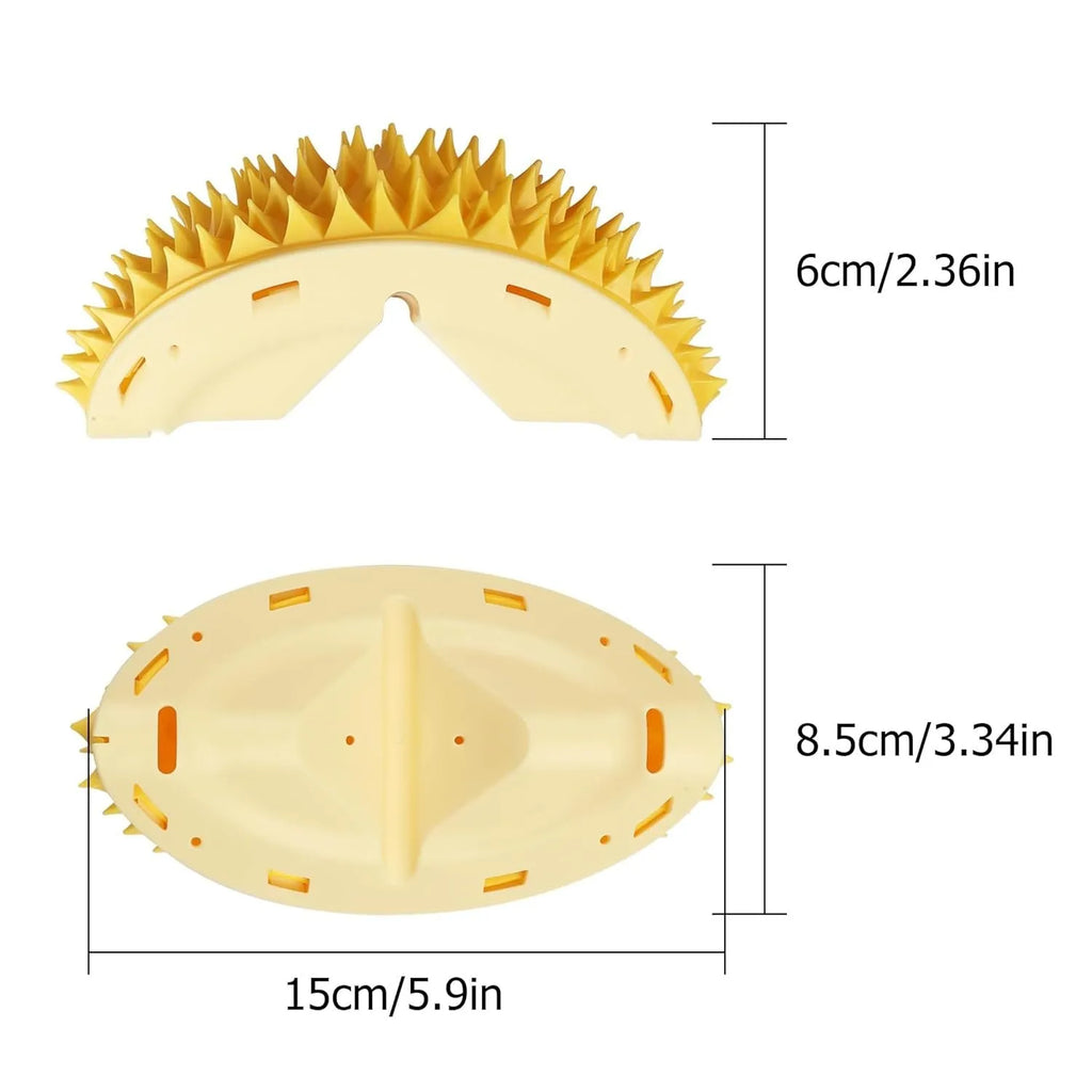 Yellow durian-shaped cat corner scratcher with massage comb mounted on wall corner