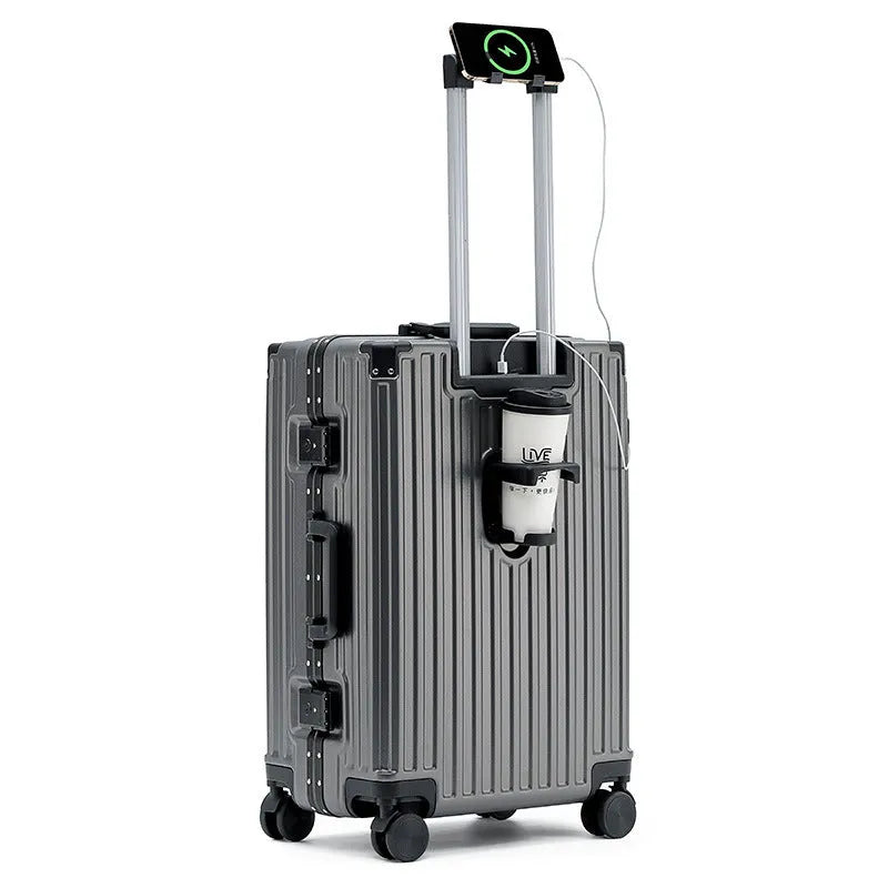 Aluminium frame trolley suitcase with USB port and universal wheels in avocado green colour.