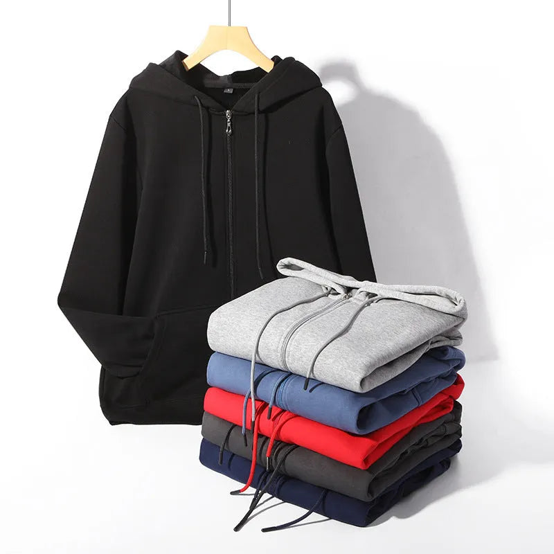 Men's plus size heavyweight zipper hooded sweater cardigan in beige colour showing front zipper and hood