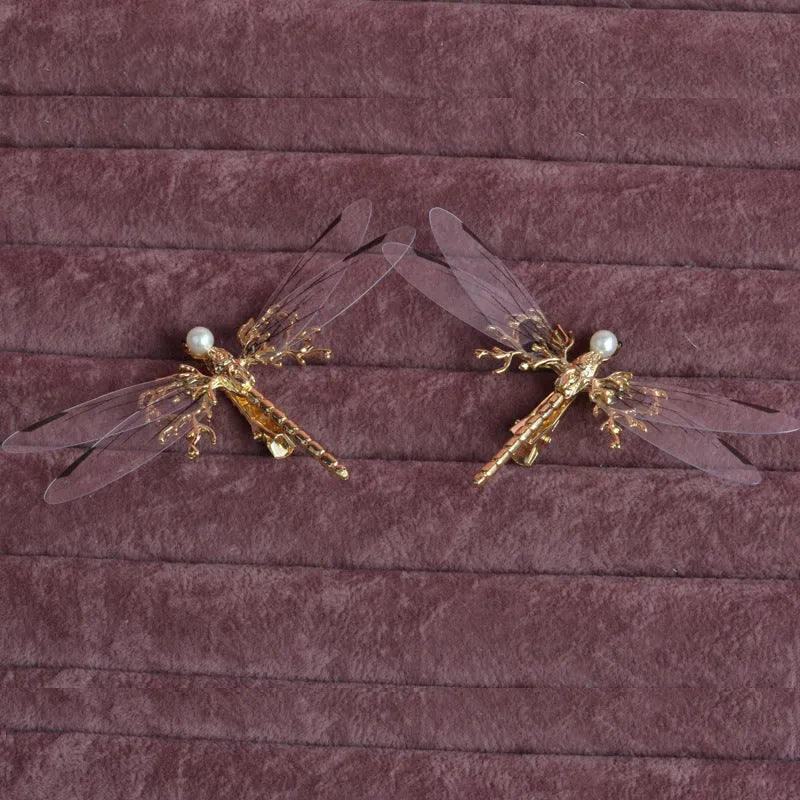 Golden dragonfly-shaped side clip headdress for women's hair with electroplated alloy construction