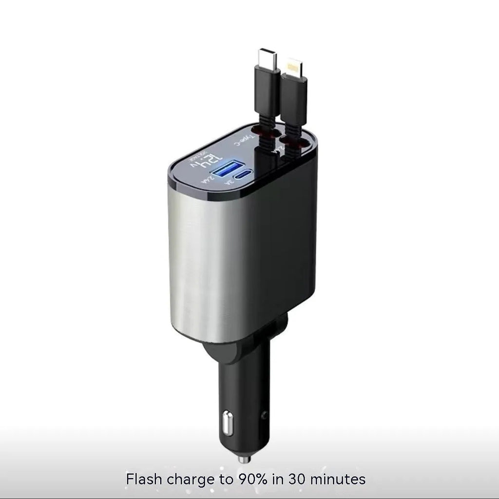 Retractable car cigarette lighter charger with multiple USB ports for charging devices