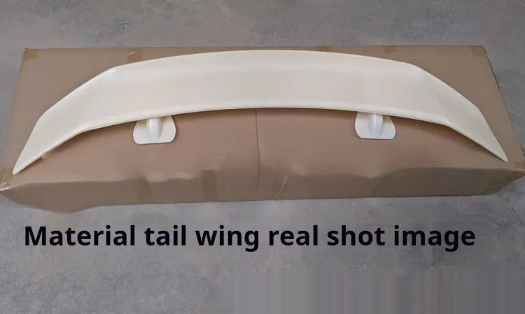 Universal punch-free car spoiler in ABS plastic showing blank, black, white, and carbon pattern finish options.