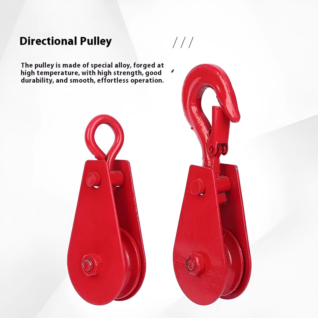 Red industrial lifting pulley with safety latch and forged steel construction