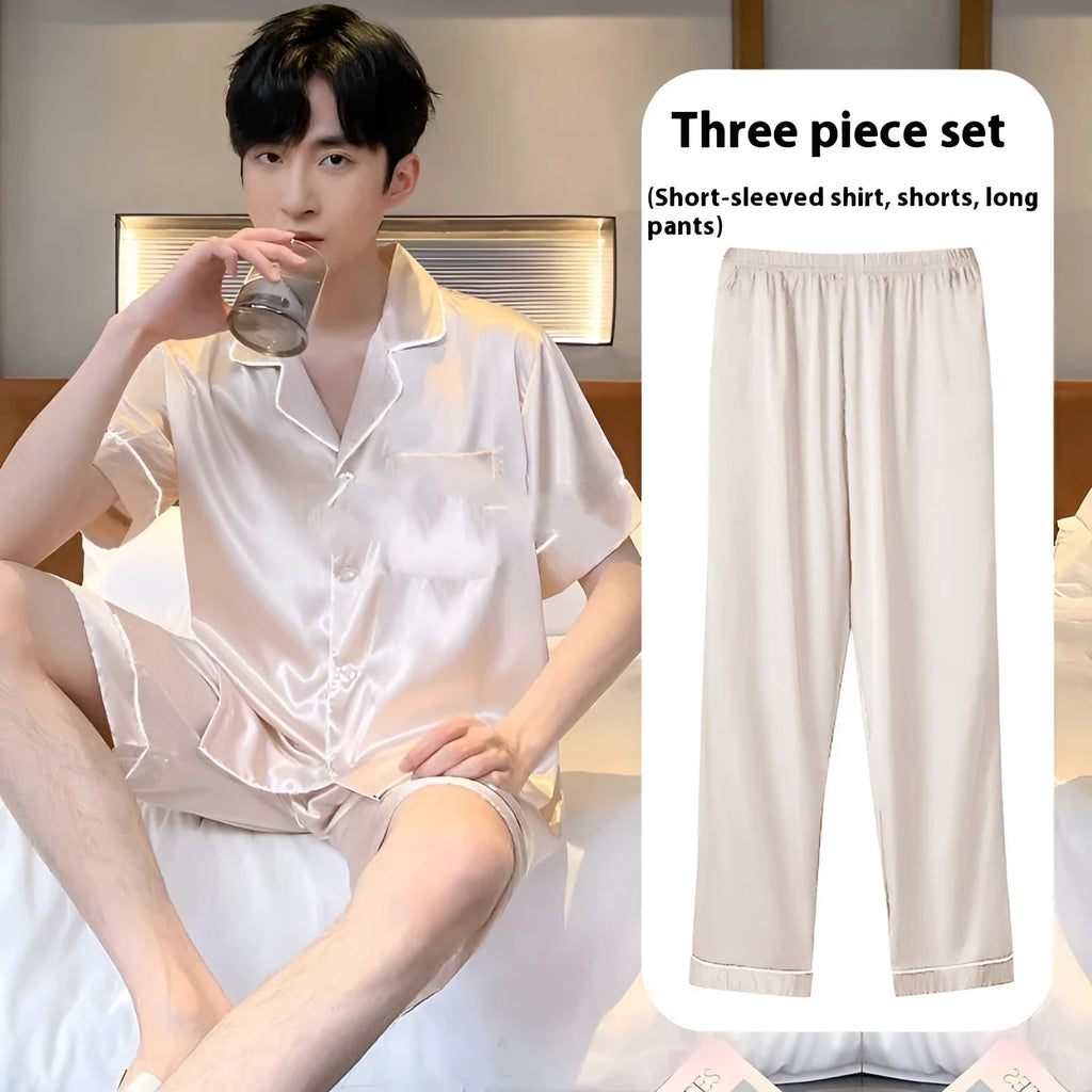 Men's ice silk three-piece home wear set showing trousers, shorts, and top in a neutral colour.