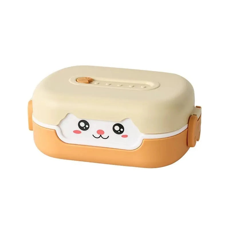 Square plastic lunch box with divided compartments, shown in dark blue, orange yellow, and pink and green colours.